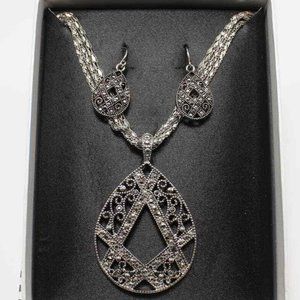 Mixit Set Necklace & Earrings Marcasite, Silver Tone 18" NIB Gift Box Triple Chn